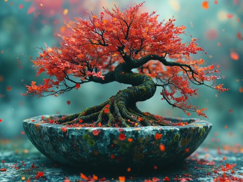 Dreamlike Bonsai Tree with Twisted Roots in Oil Paint