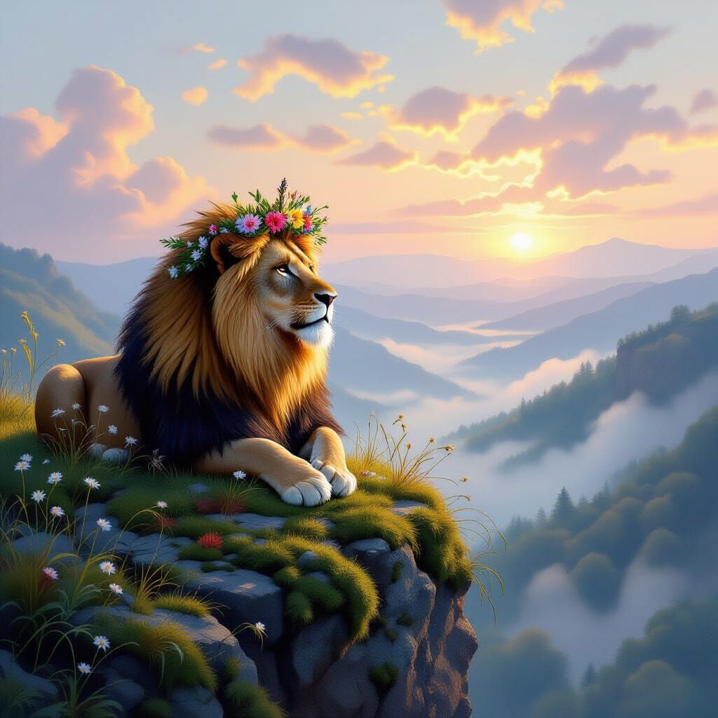 Majestic Lion Crowned with Wildflowers at Dawn