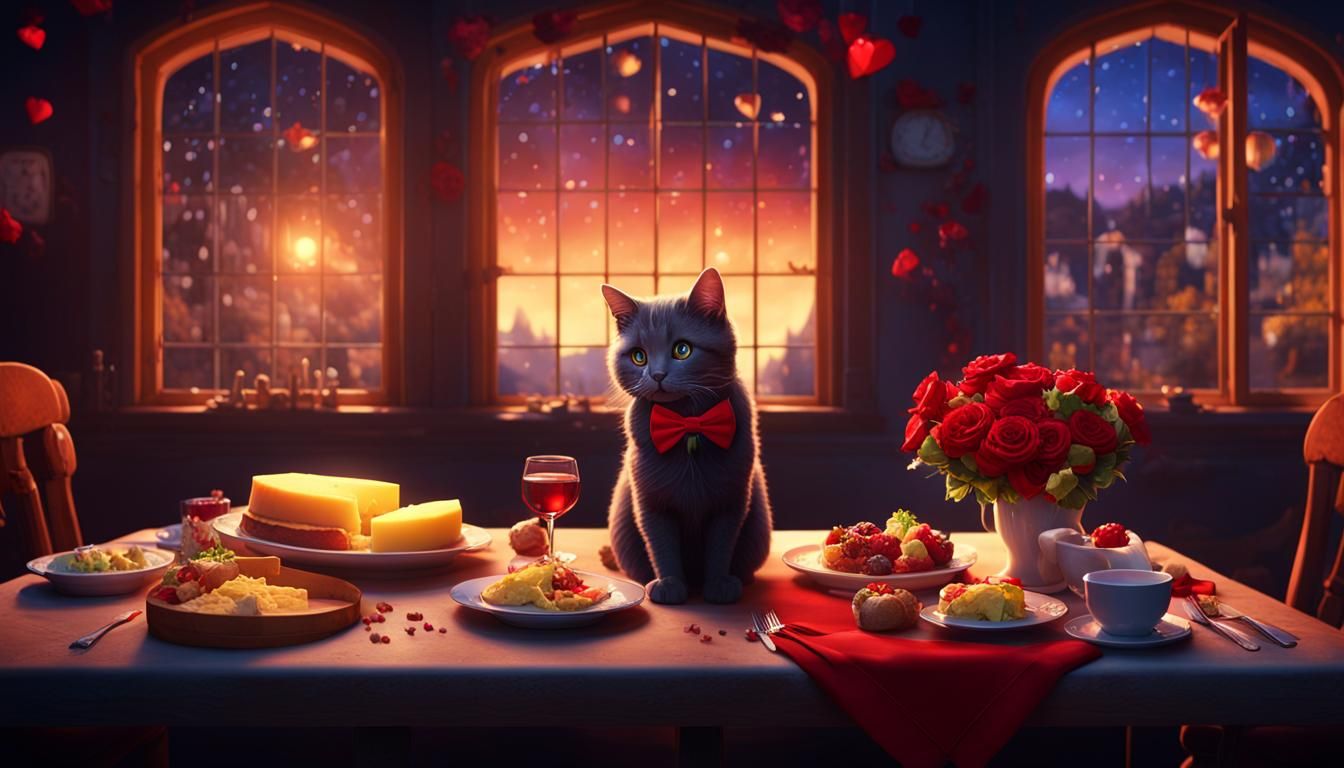 Cat at Valentine Dinner with Cheeses in Detailed Matte Paint...
