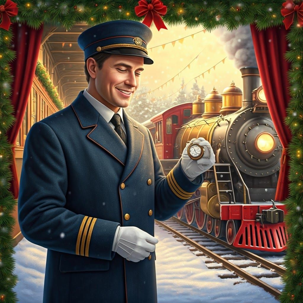 Victorian Train Conductor in Winter Wonderland