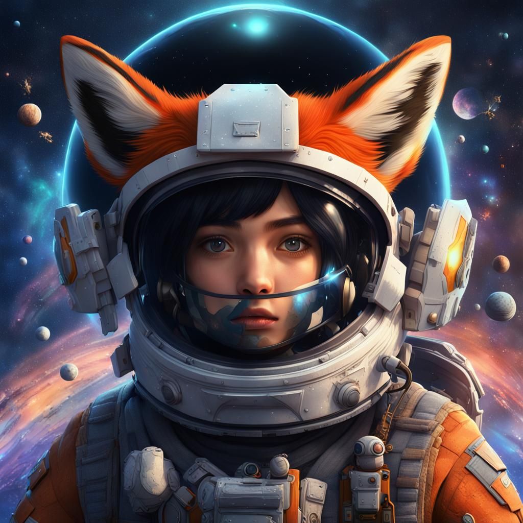 Girl and Fox Floating in Space: Digital Art