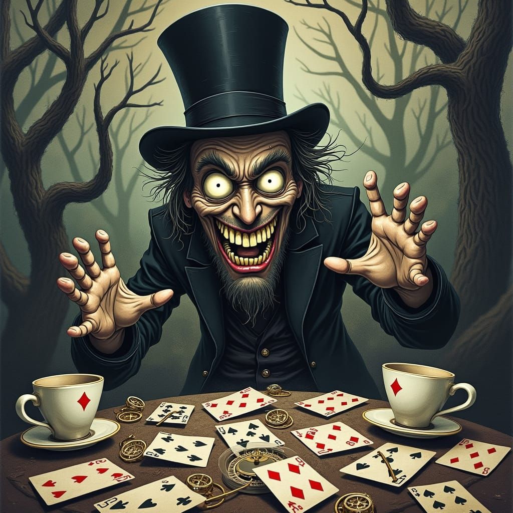 Frantic Mad Hatter in Haunting Dreamscape