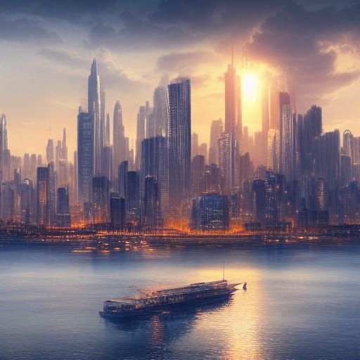 Sunset Cityscape Reflected: Digital Matte Painting