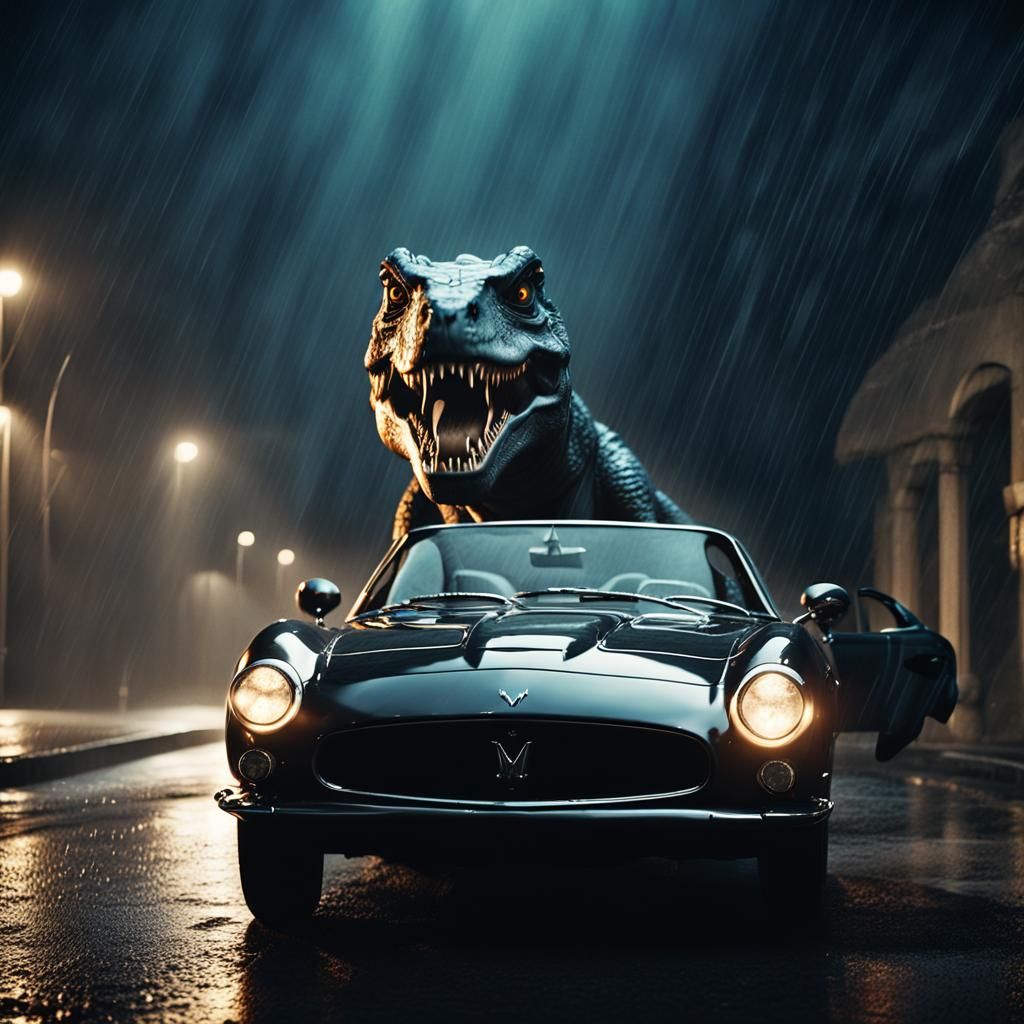 T-Rex Driving Maserati in Film Noir Style