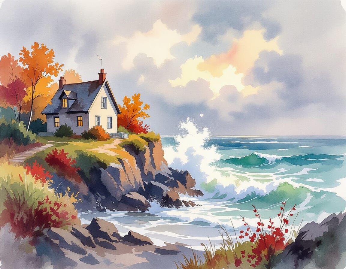 Atmospheric Watercolor of Autumn Coastal House