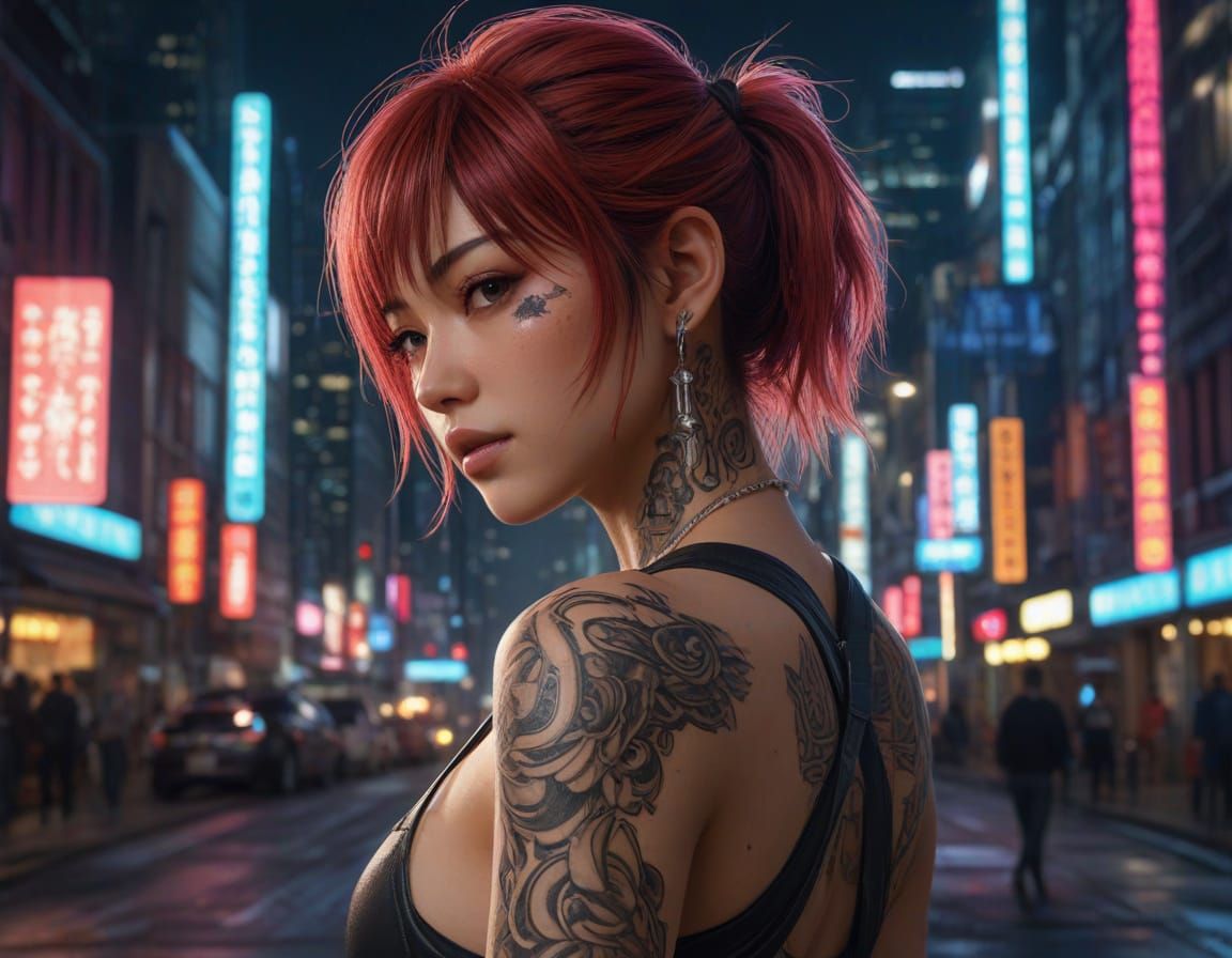 Cyberpunk Warrior in Neon Urban Landscape