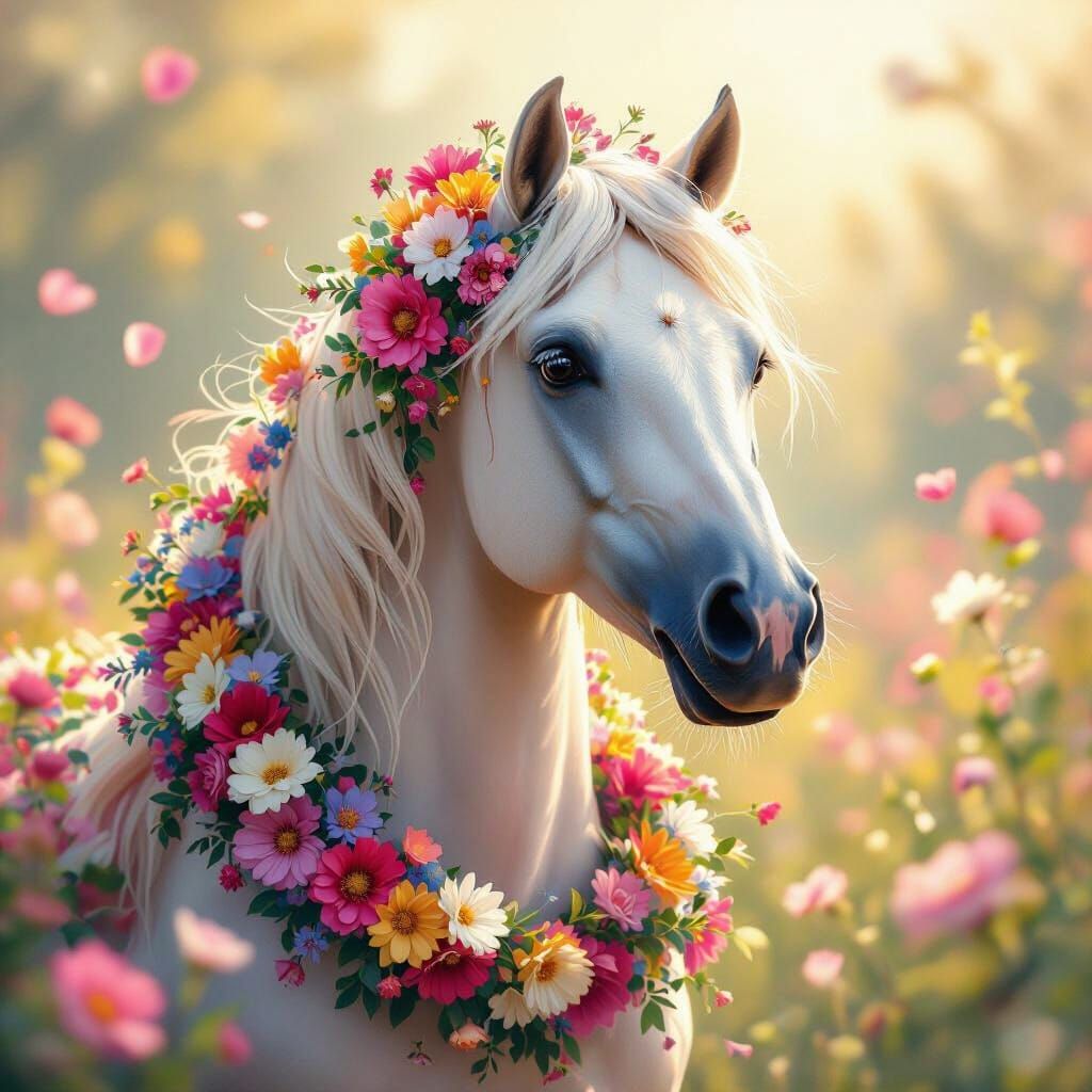 Smiling Floral Horse with Blooming Garland