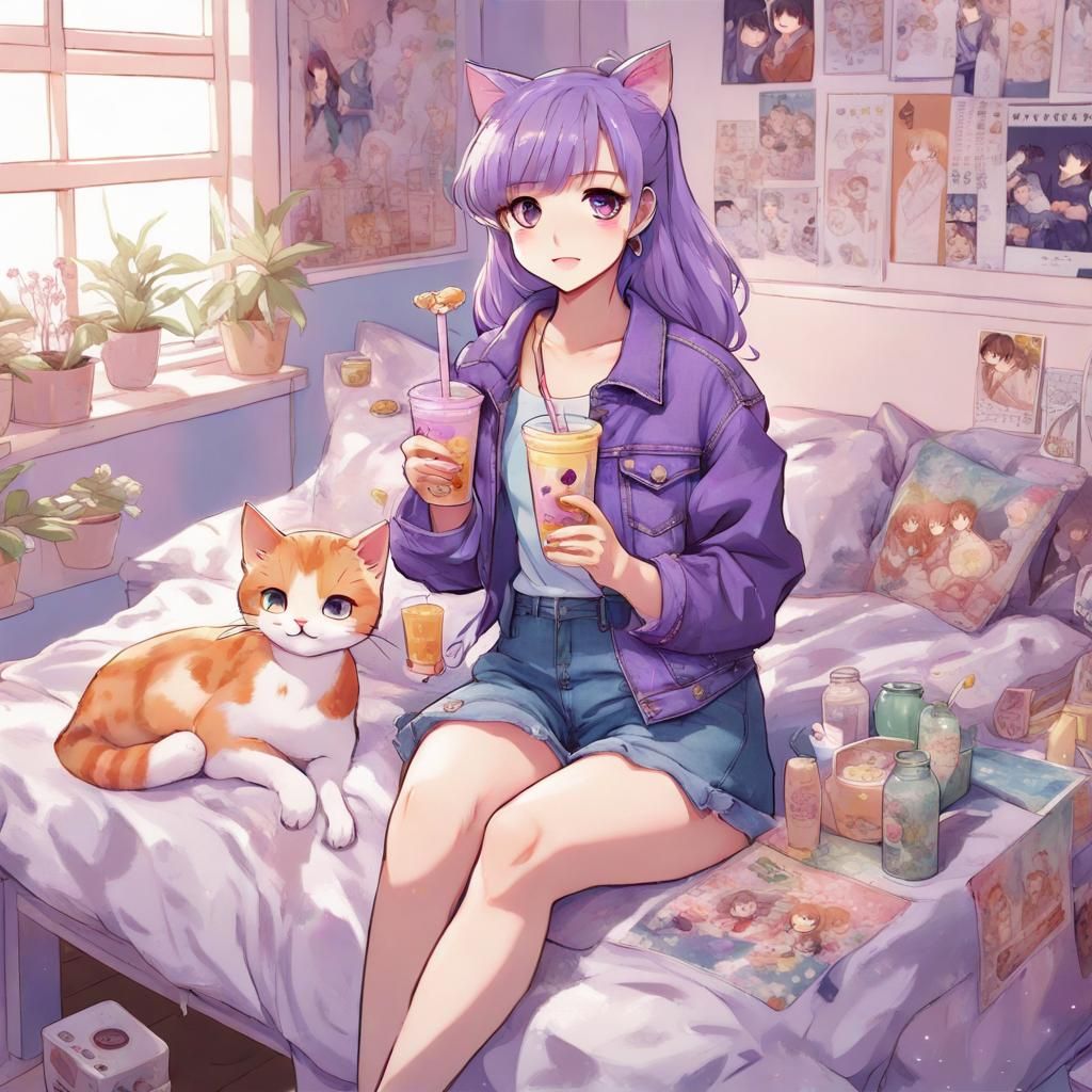 Kpop Idol and Cat in Anime Aesthetic Bedroom