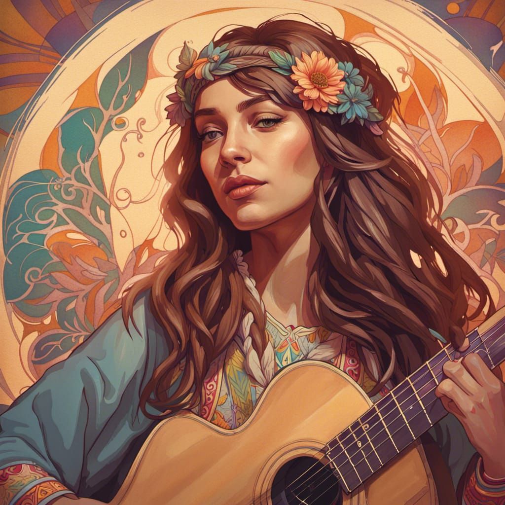 60s Folk Singer Portrait in Art Nouveau Style