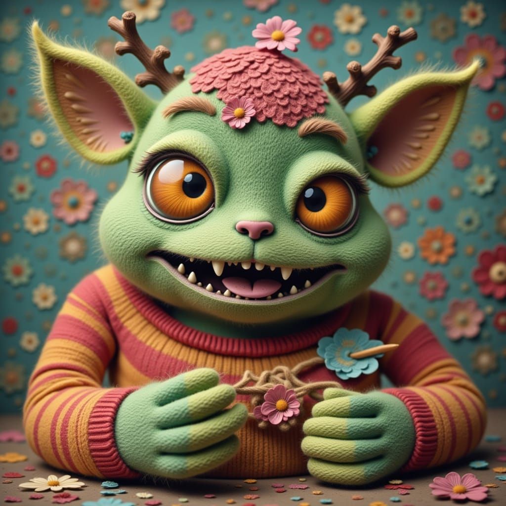 Yarn monster knitting a sweater, pop surrealism <lora:Vinta:1.0>