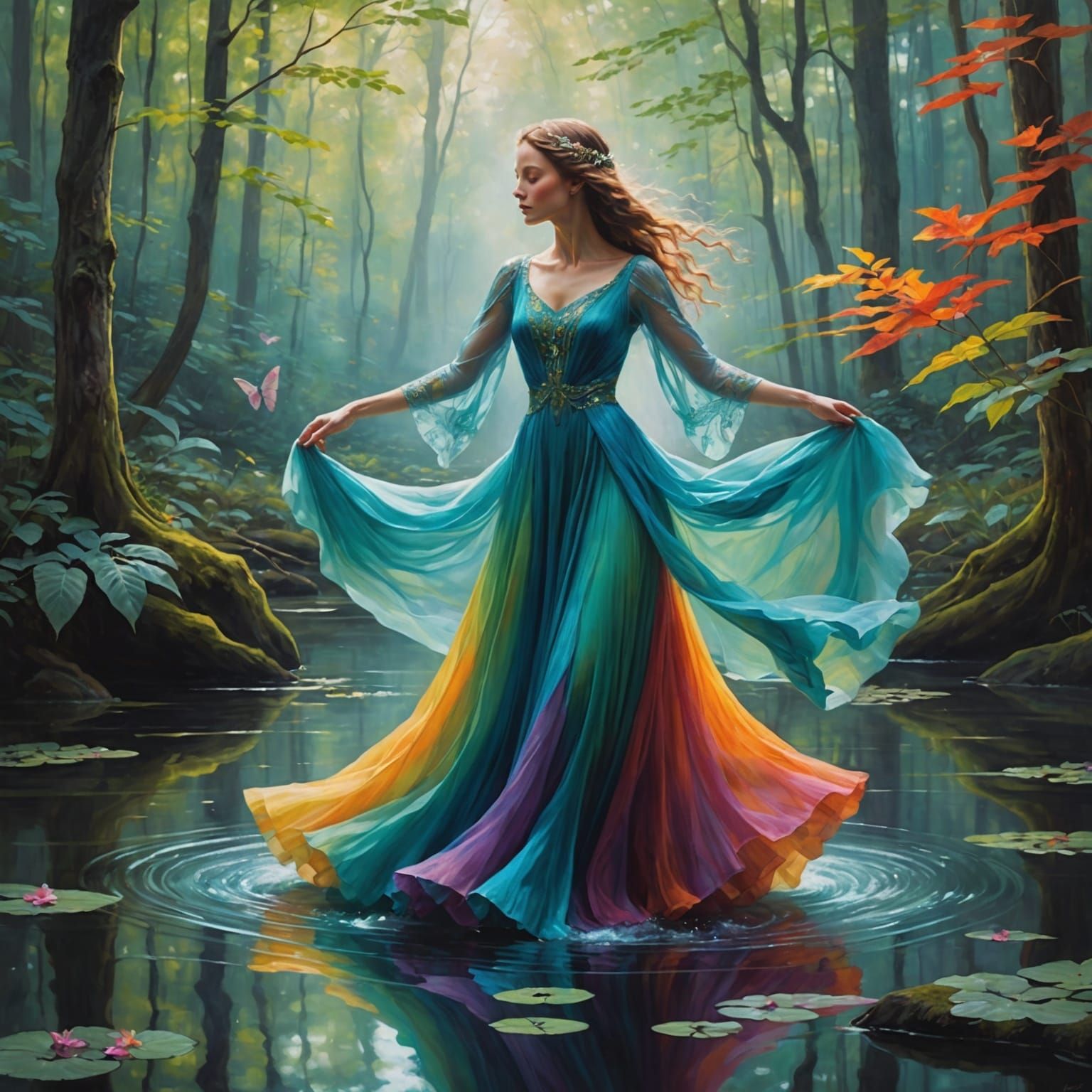 Ethereal Woman Dances on Water's Edge