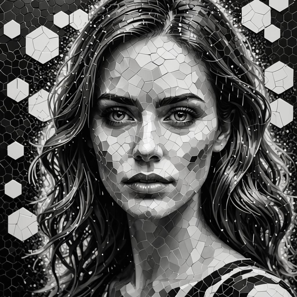 Hexagonal Mosaic Portrait with Glitch Art Effects