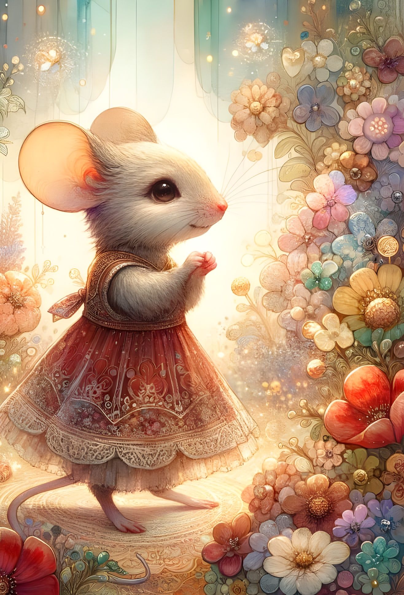 Dreamy Watercolor Mouse in Ornate Floral Garden