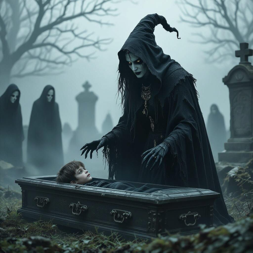 Menacing Witch Reveals Terrified Boy in Coffin