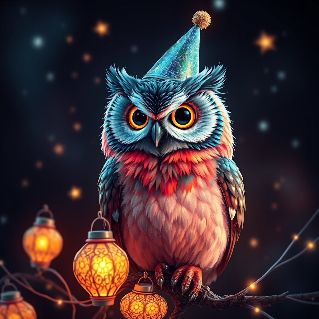 Festive Owl with Iridescent Plumage and Party Hat