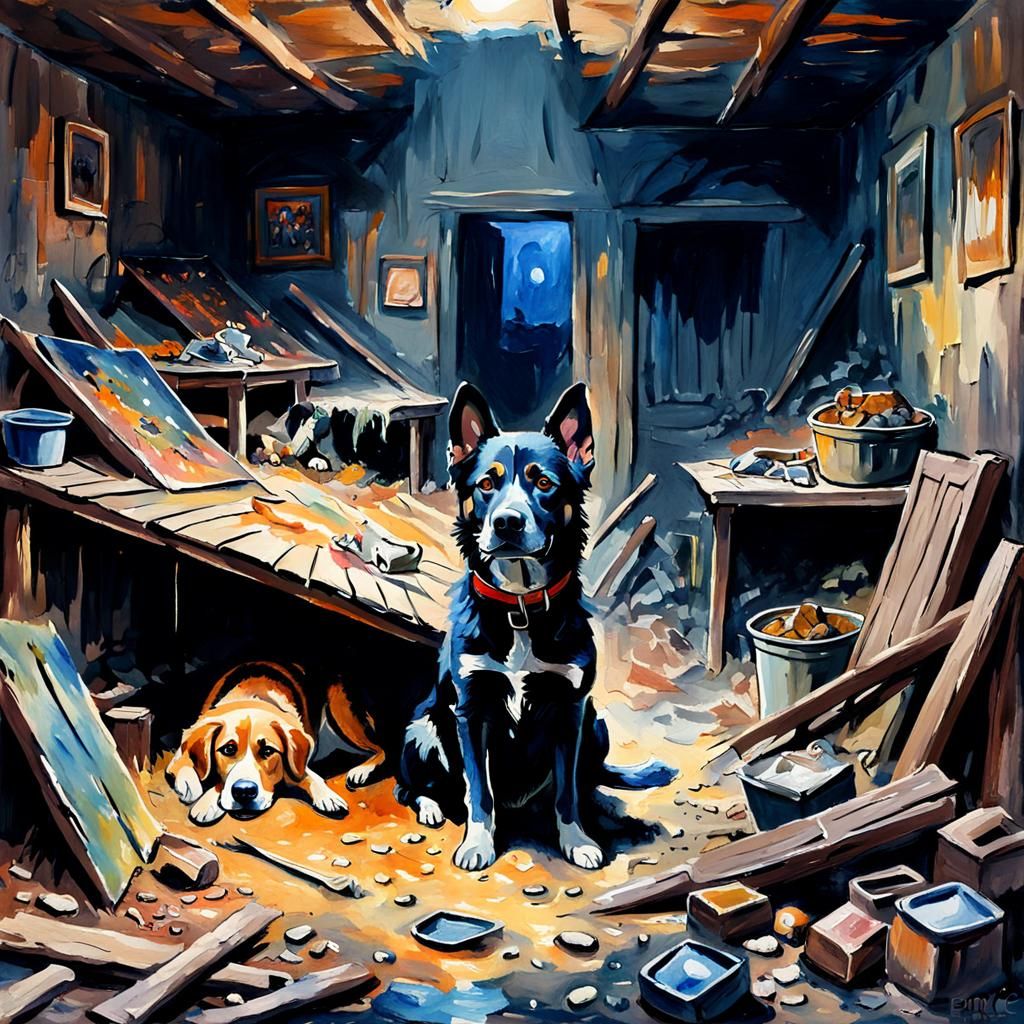 Dogs Digging Dens: Gouache Watercolor Impressionist Painting