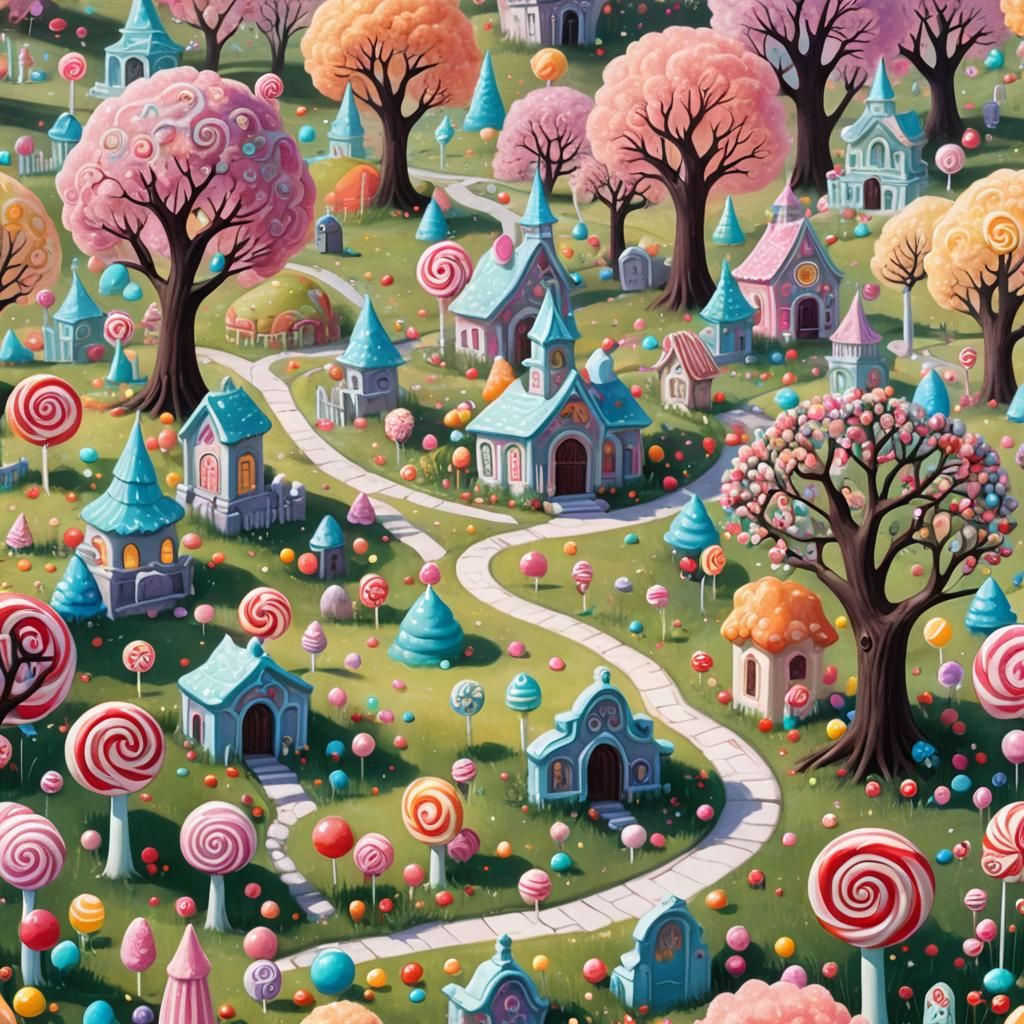 Candy Graveyard: A Whimsical Gouache Fantasy Landscape