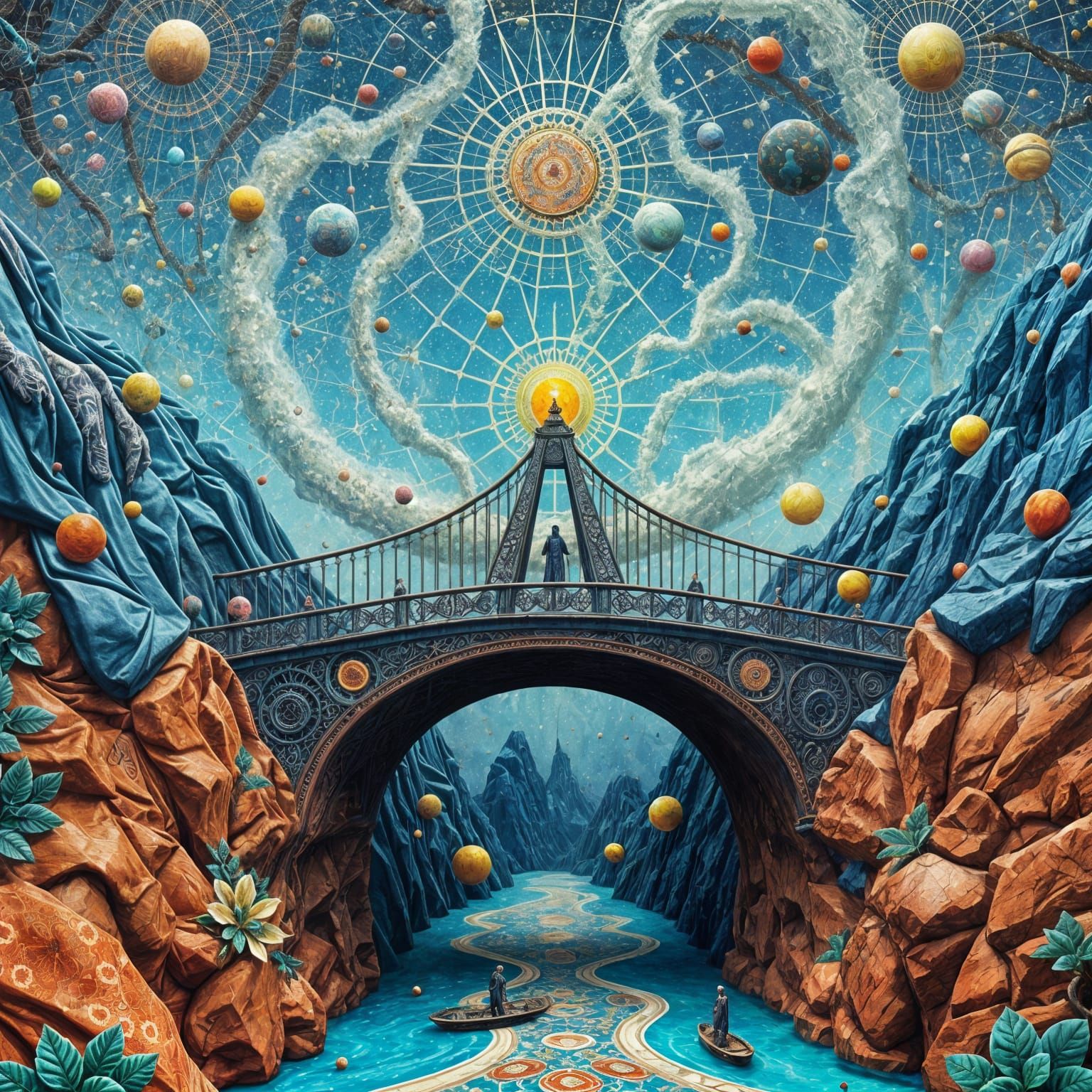 Spiritual Bridge: Surreal Hyperdetailed Cosmic Illustration