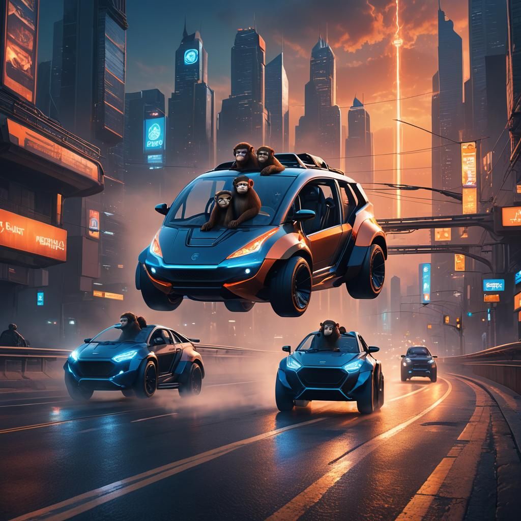 Monkeys Cruise in Futuristic Vehicle: Digital Concept Art