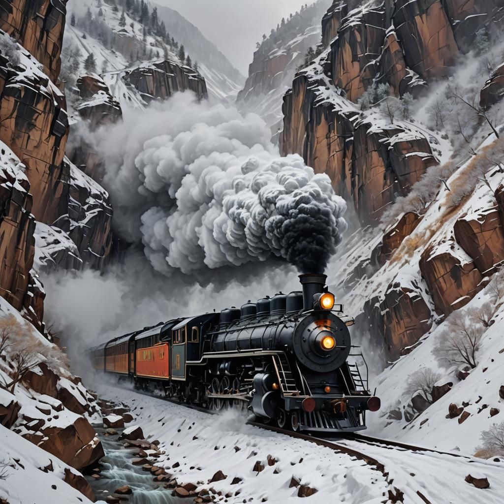 Steam Engine in Snowy Canyon: Hyperrealistic Splash Art