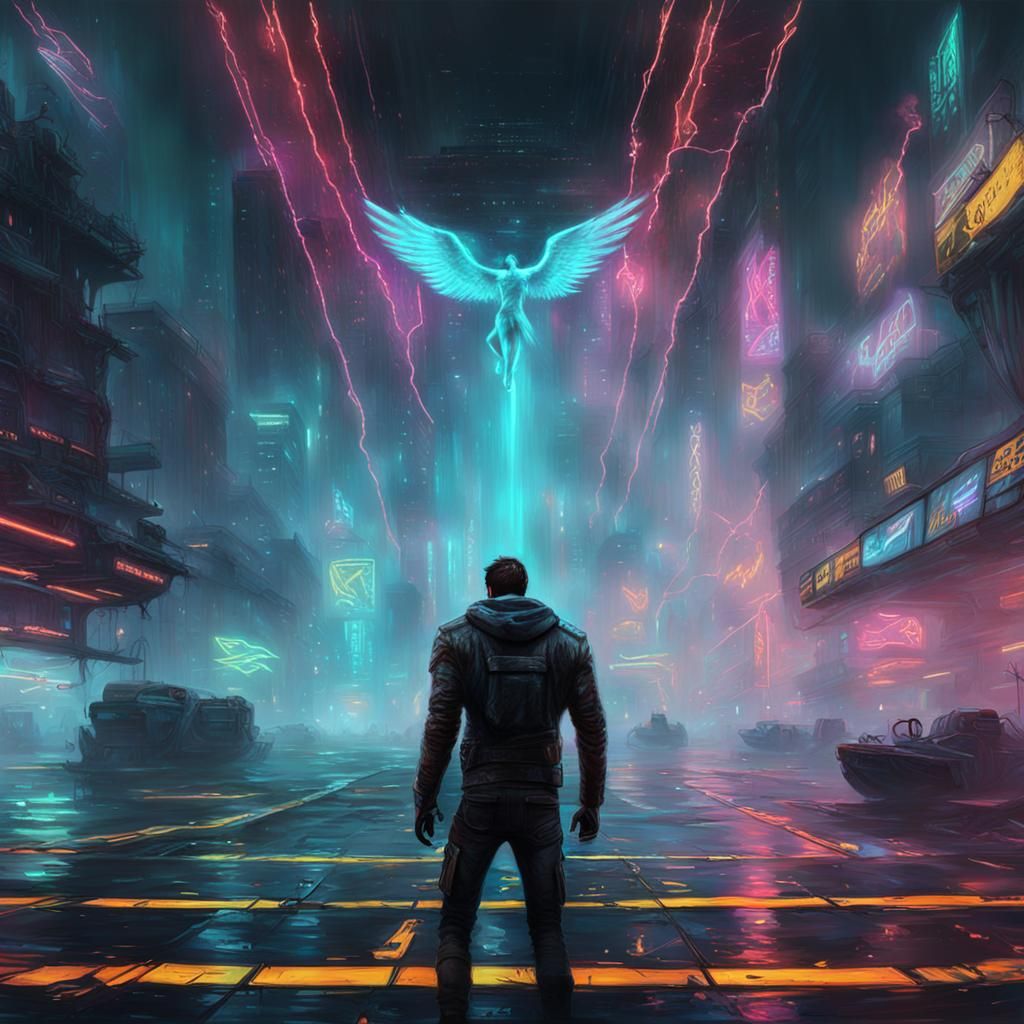 Holographic Icarus Ascends in Cyberpunk Neon