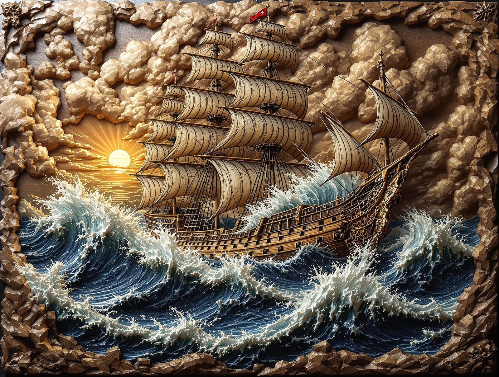 Glossy Wooden Panel Depicting Majestic Corsair Ship in Turbu...