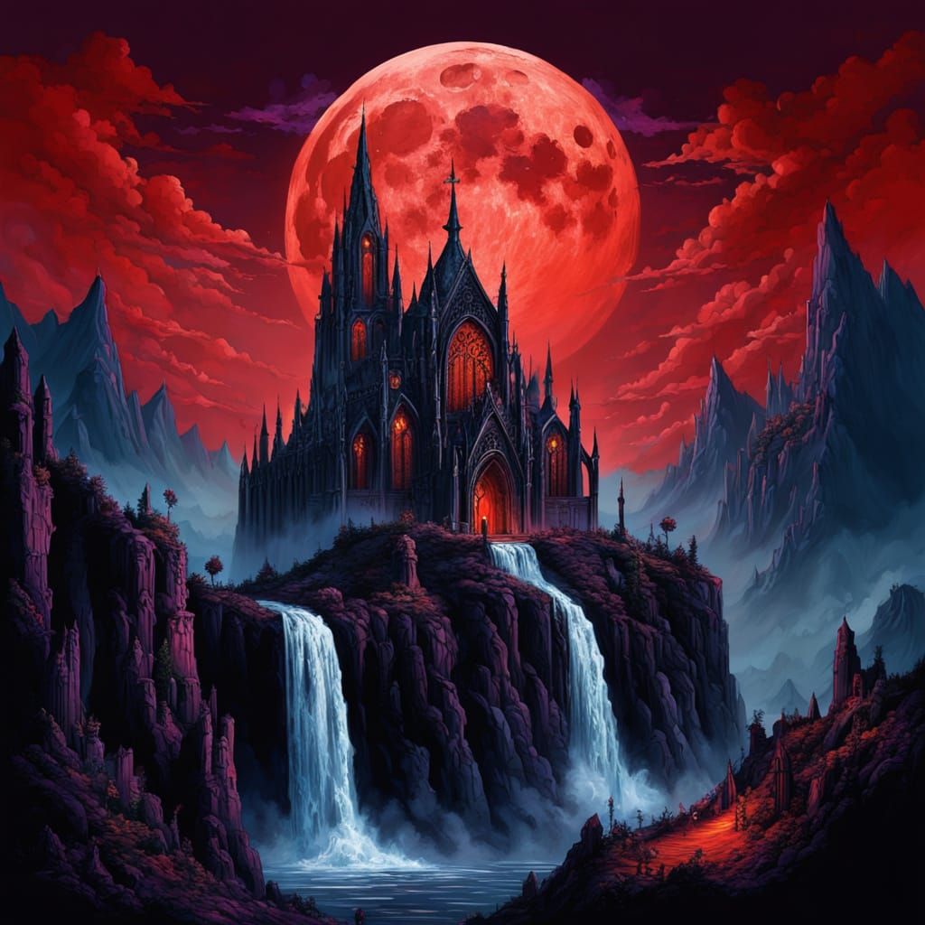 Gothic Cathedral Ruin with Waterfall and Red Moon