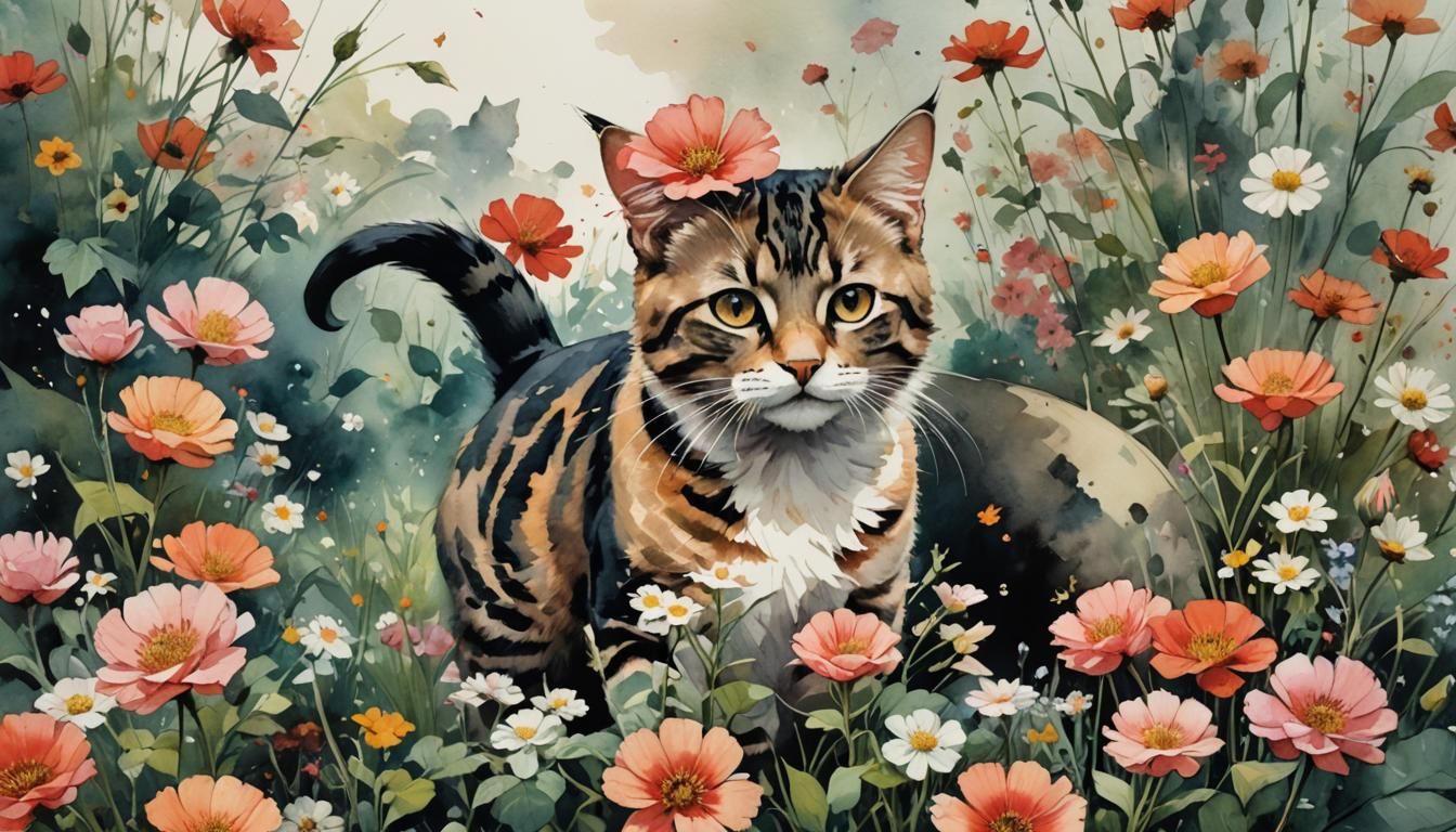 Floral Cat in Watercolor Style