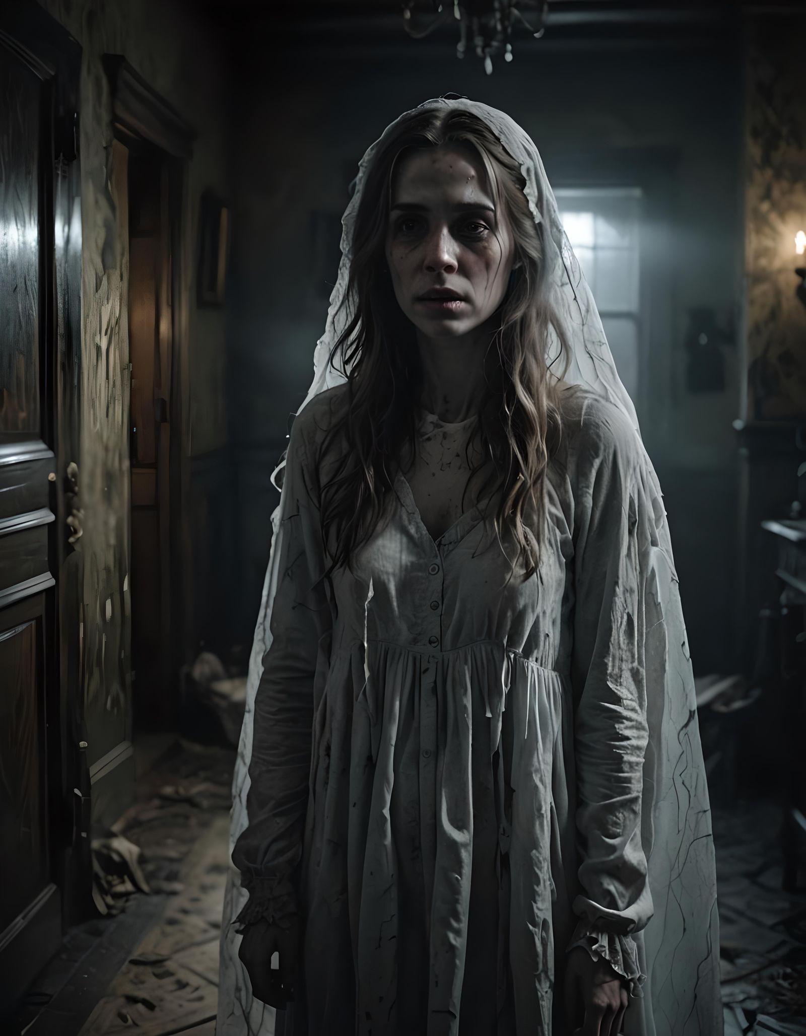 Haunted House: Hyperrealistic Ghostly Woman in Horror Scene