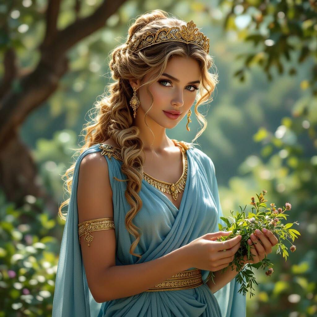 Greek Goddess Aceso in Sacred Grove, Digital Painting