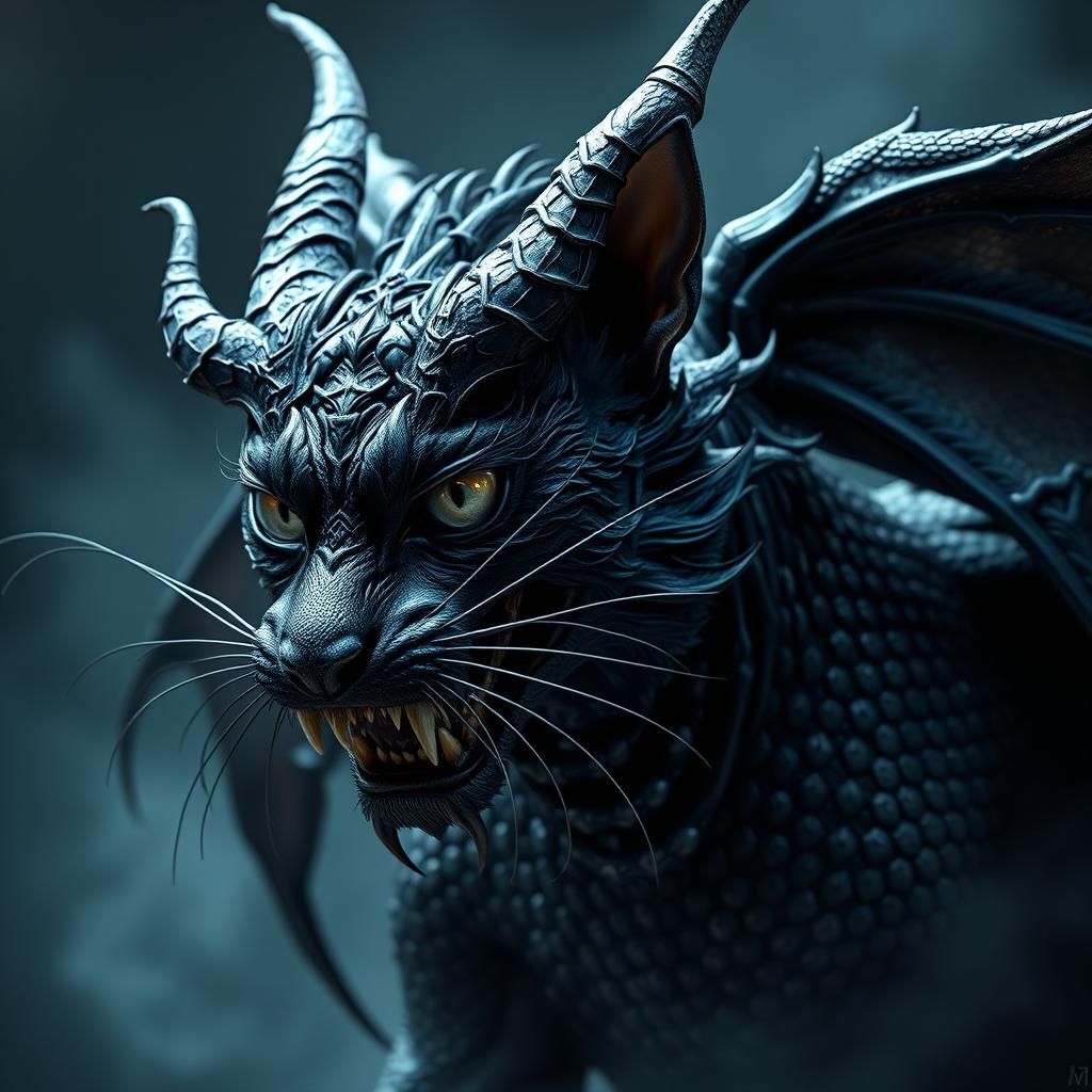 Demonic Black Cat Dragon Hybrid: Digital Matte Painting