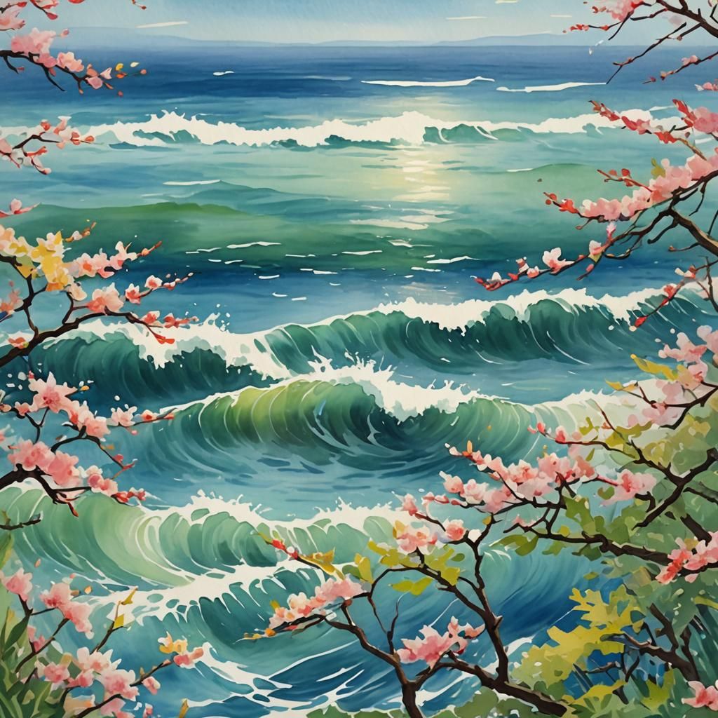 Impressionist Spring Ocean in Gouache Style