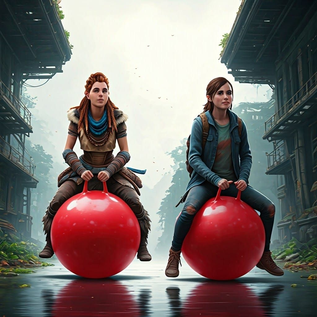 Aloy and Ellie on Space Hoppers in Dreamlike Setting