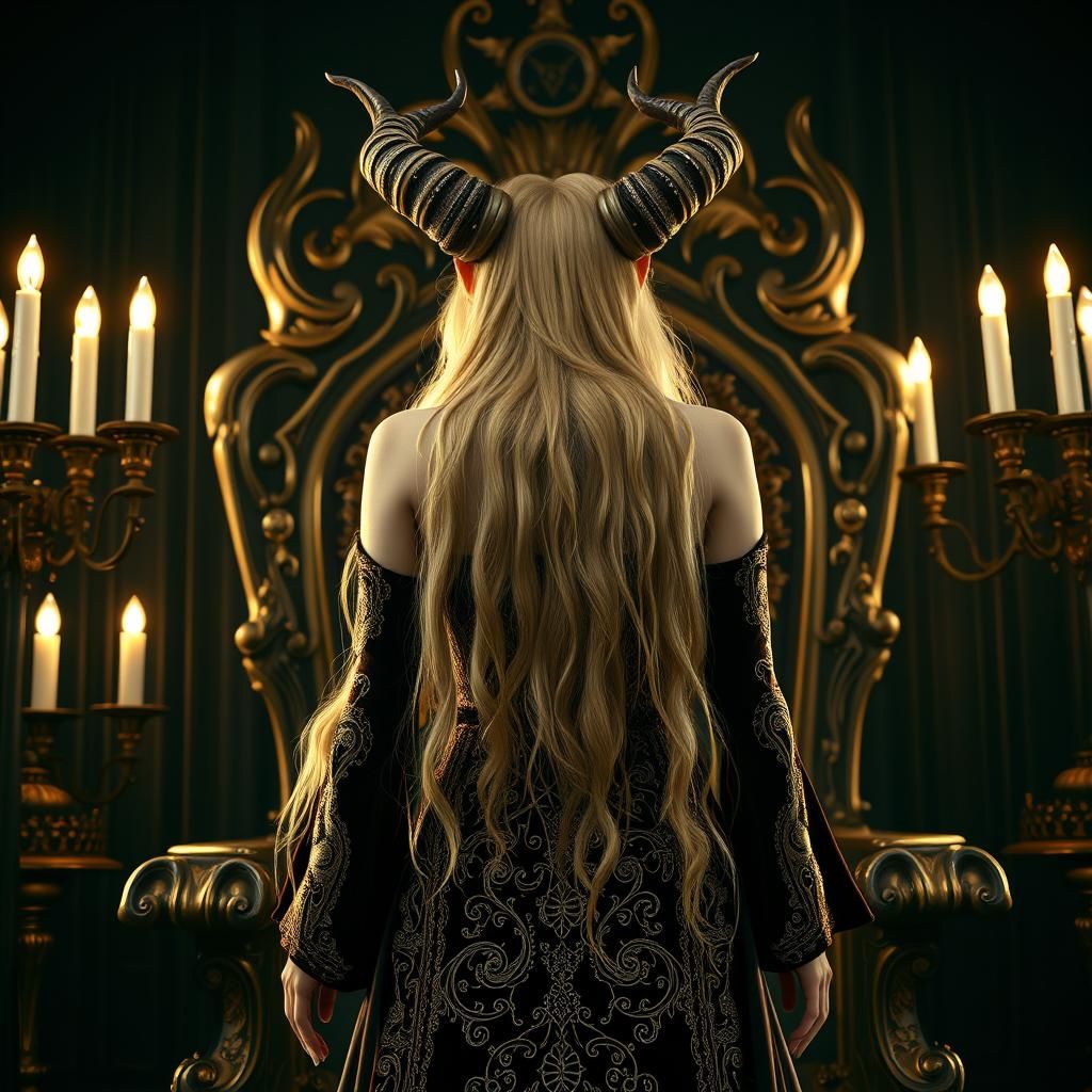 Radiant Demoness in Opulent Throne Room