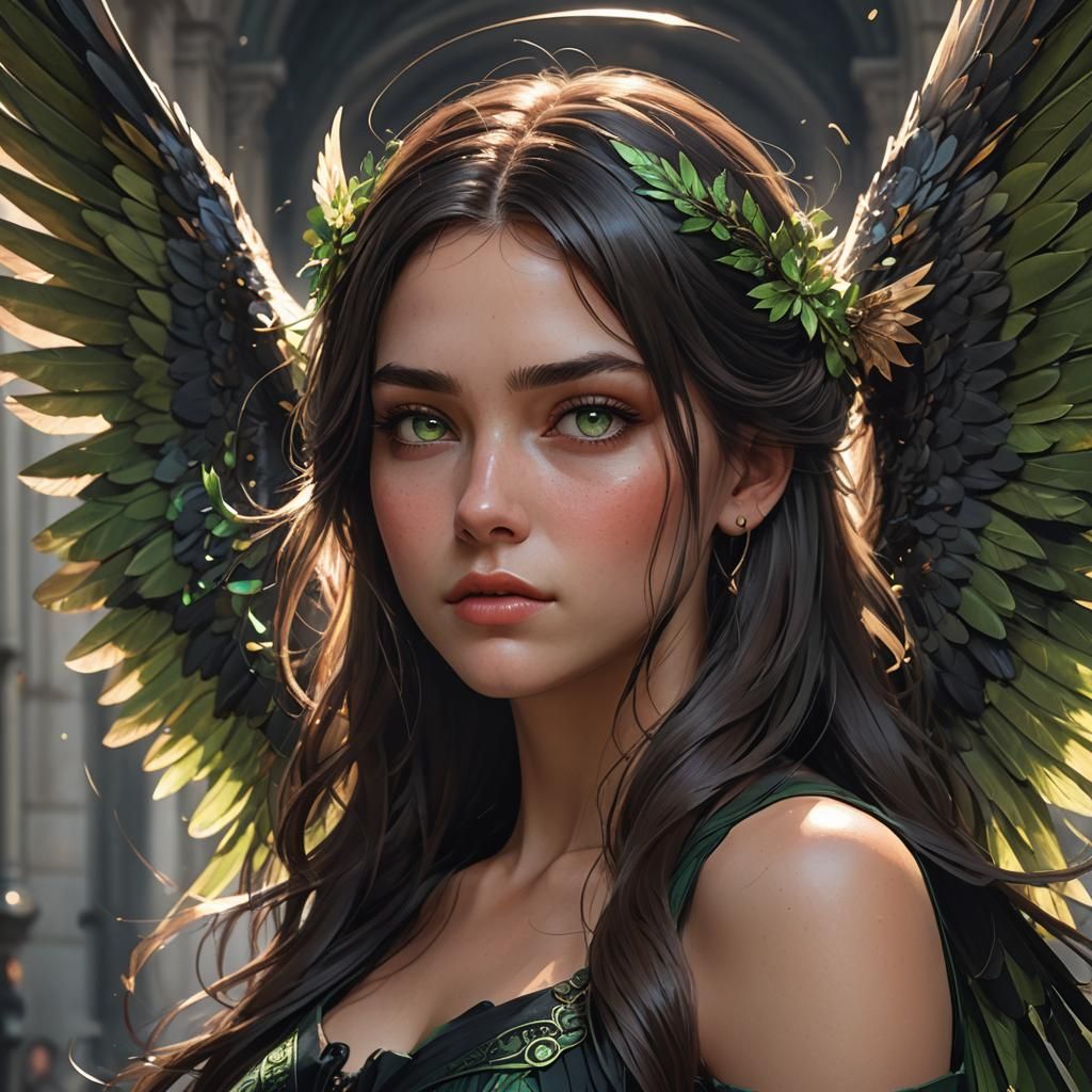 Winged Girl Portrait in Art Nouveau Style