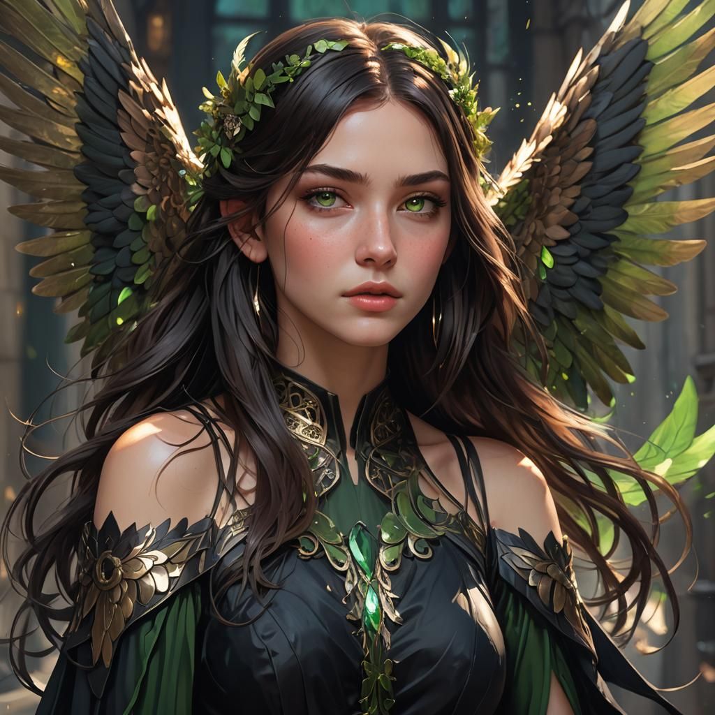 Portrait of Winged Girl in Art Nouveau Style