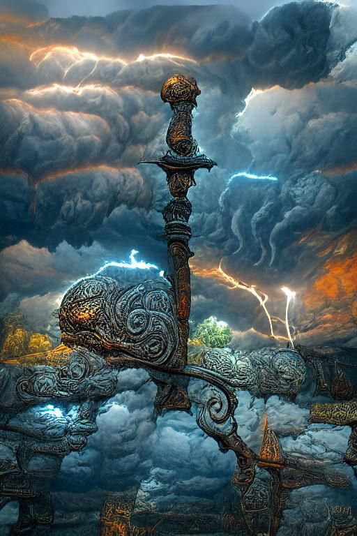 Magical Sword Amidst Stormy Sky with Electricity