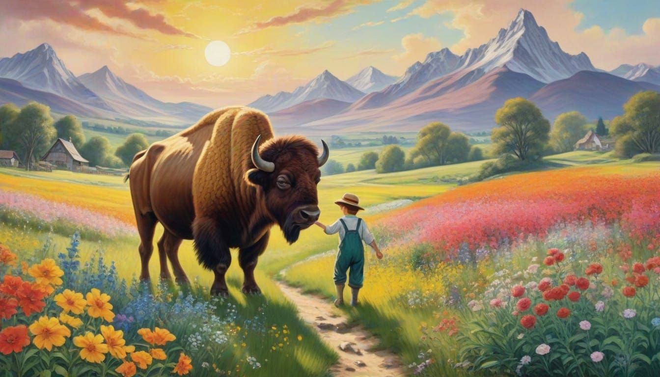 Whimsical Boy Enjoys Playtime with Majestic Bison in Sunny W...