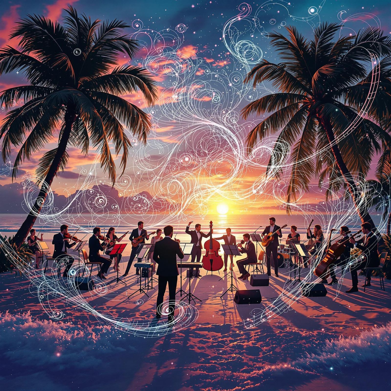 Vibrant Beachside Orchestra Performance in Fantasy Realism S...