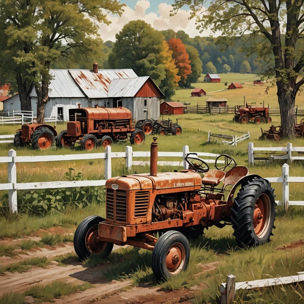Vintage Farm Poster with Rusty Tractor