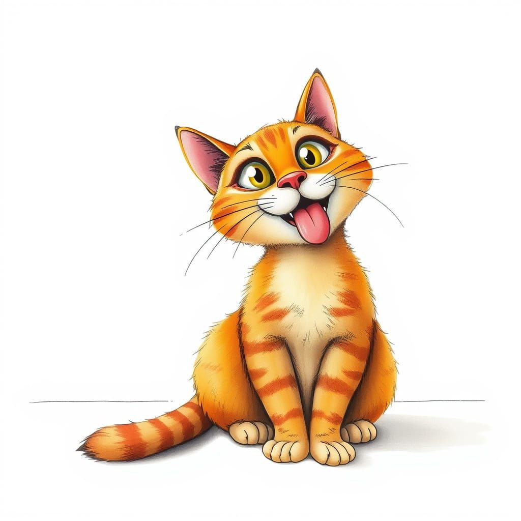 Vibrant Whimsical Tabby Cat in Quentin Blake-Inspired Style