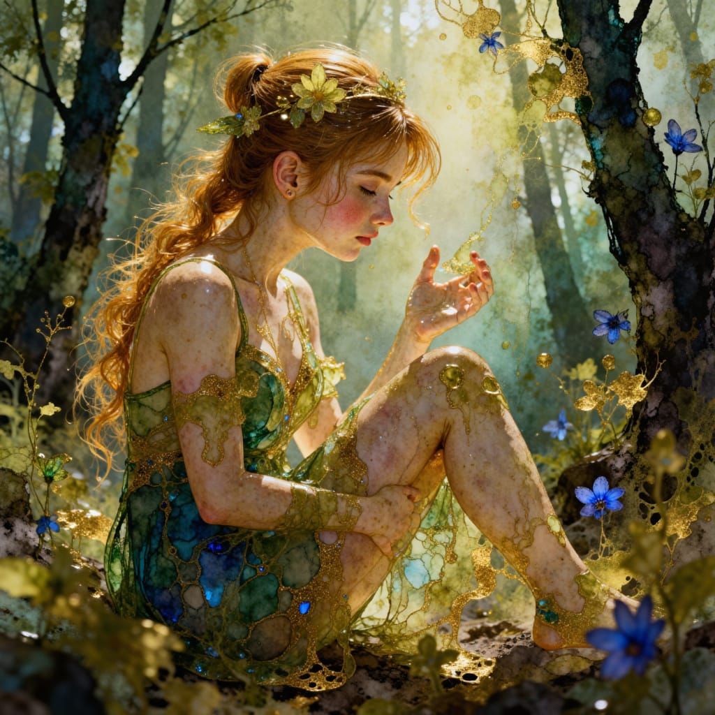 Enchanting Forest Nymph in Fairy Village, Acrylic Art