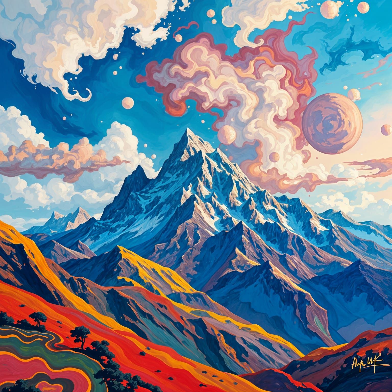 Impressionist Mountain Landscape with Vibrant Colors and Tex...