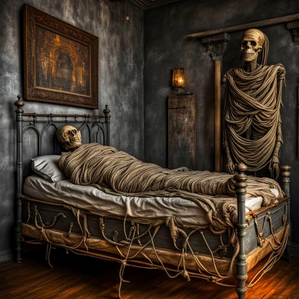 Mummy on Antique Bed in Chaotic Medical Setting