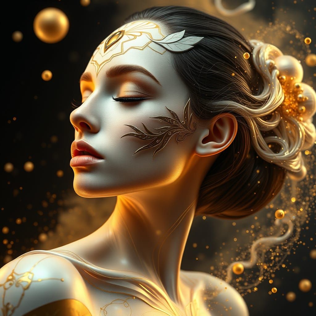 A woman with pale features, with carved patterns of white an...