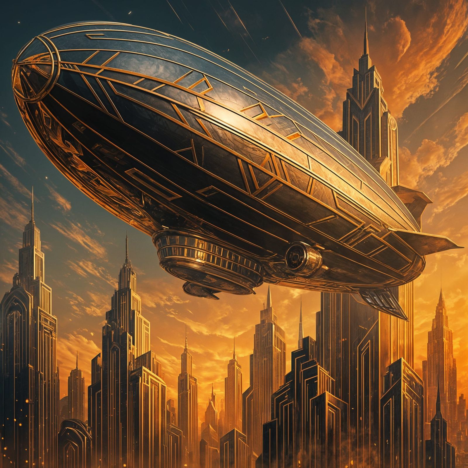 Sleek Art Deco Zeppelin Soars Over Futuristic City