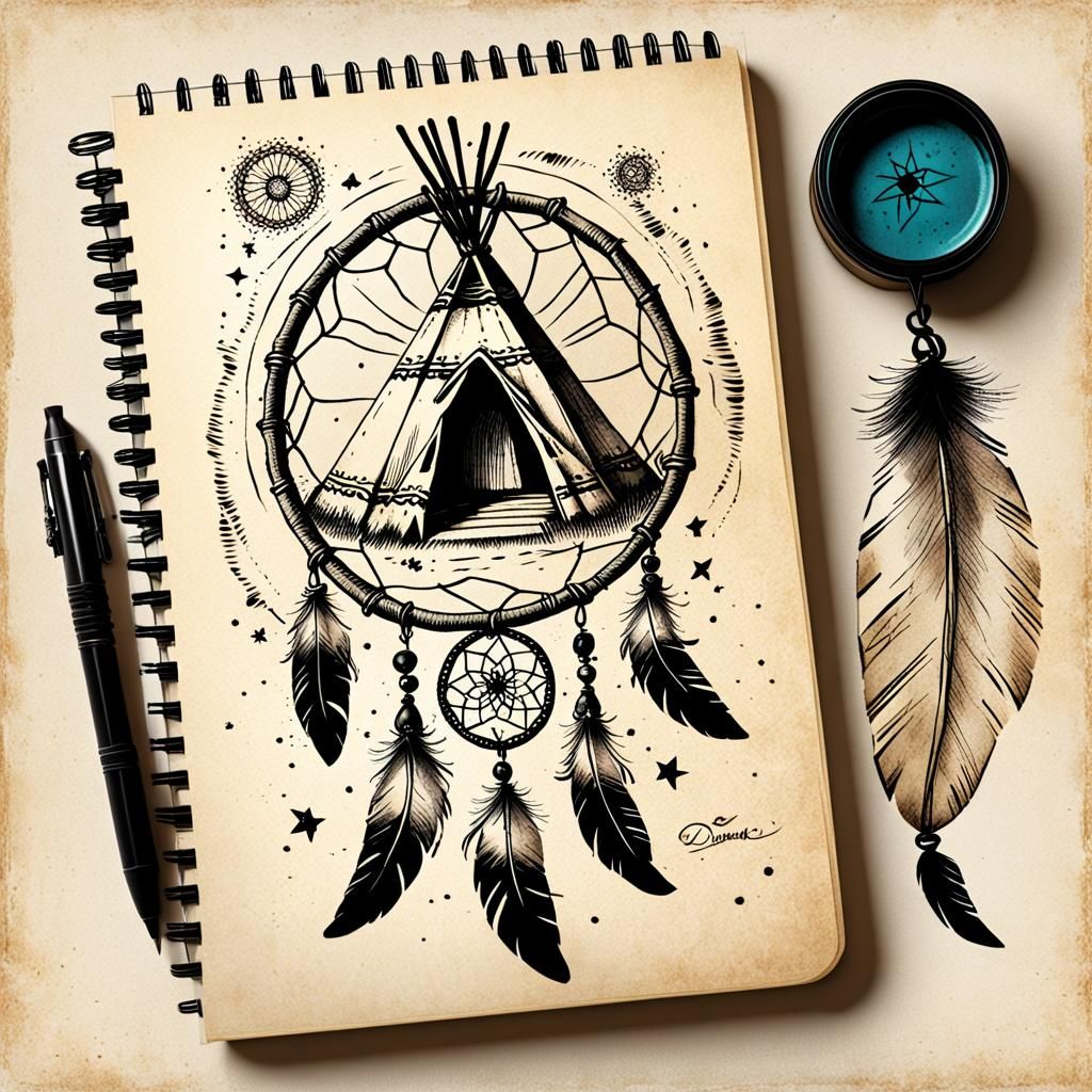 Teepee Dreamcatcher Sketch on Ancient Parchment