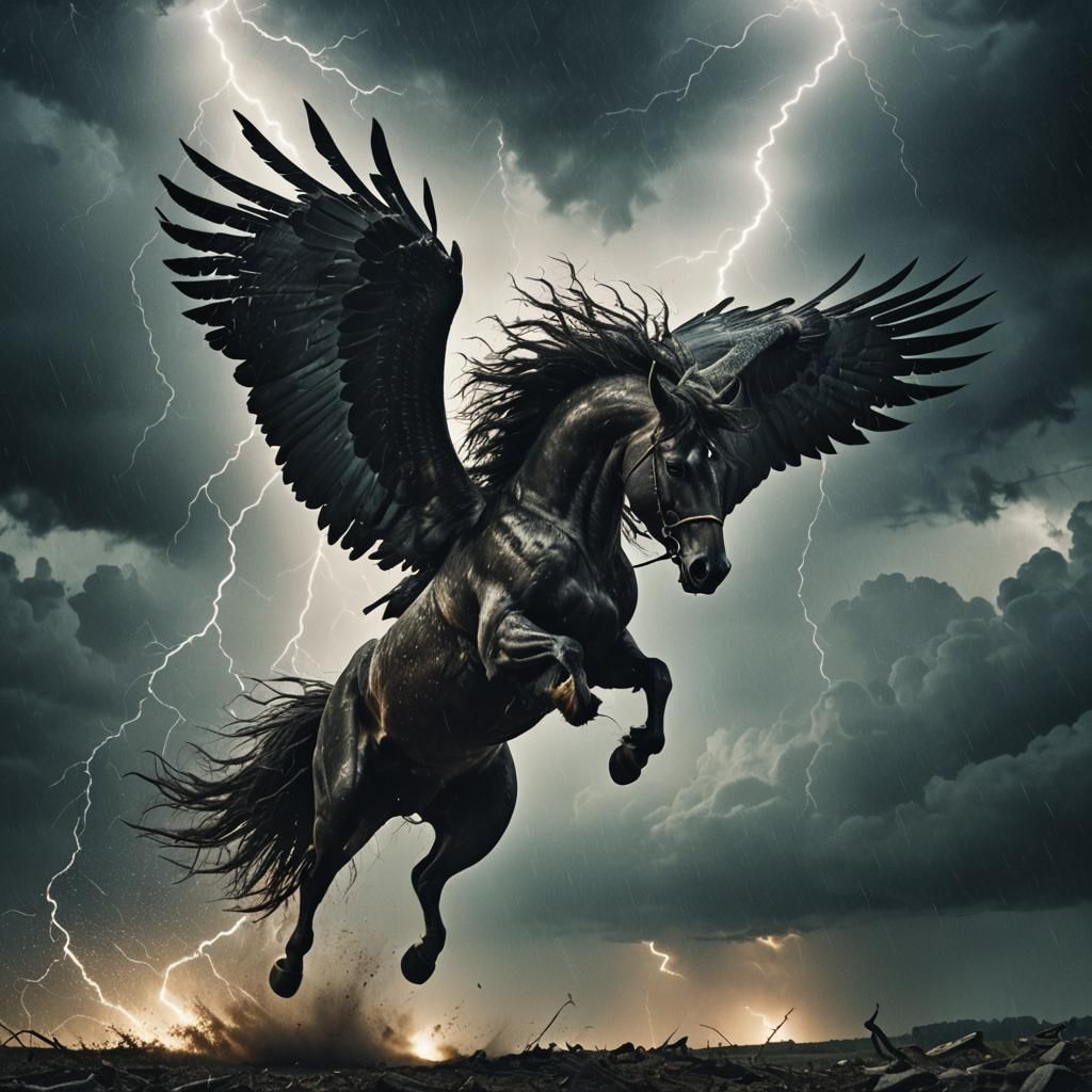 Epic Dark Pegasus in Lightning Storm