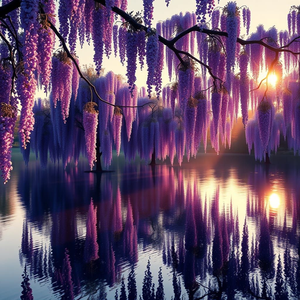 Serene Lake Scene with Vibrant Wisteria Blooms