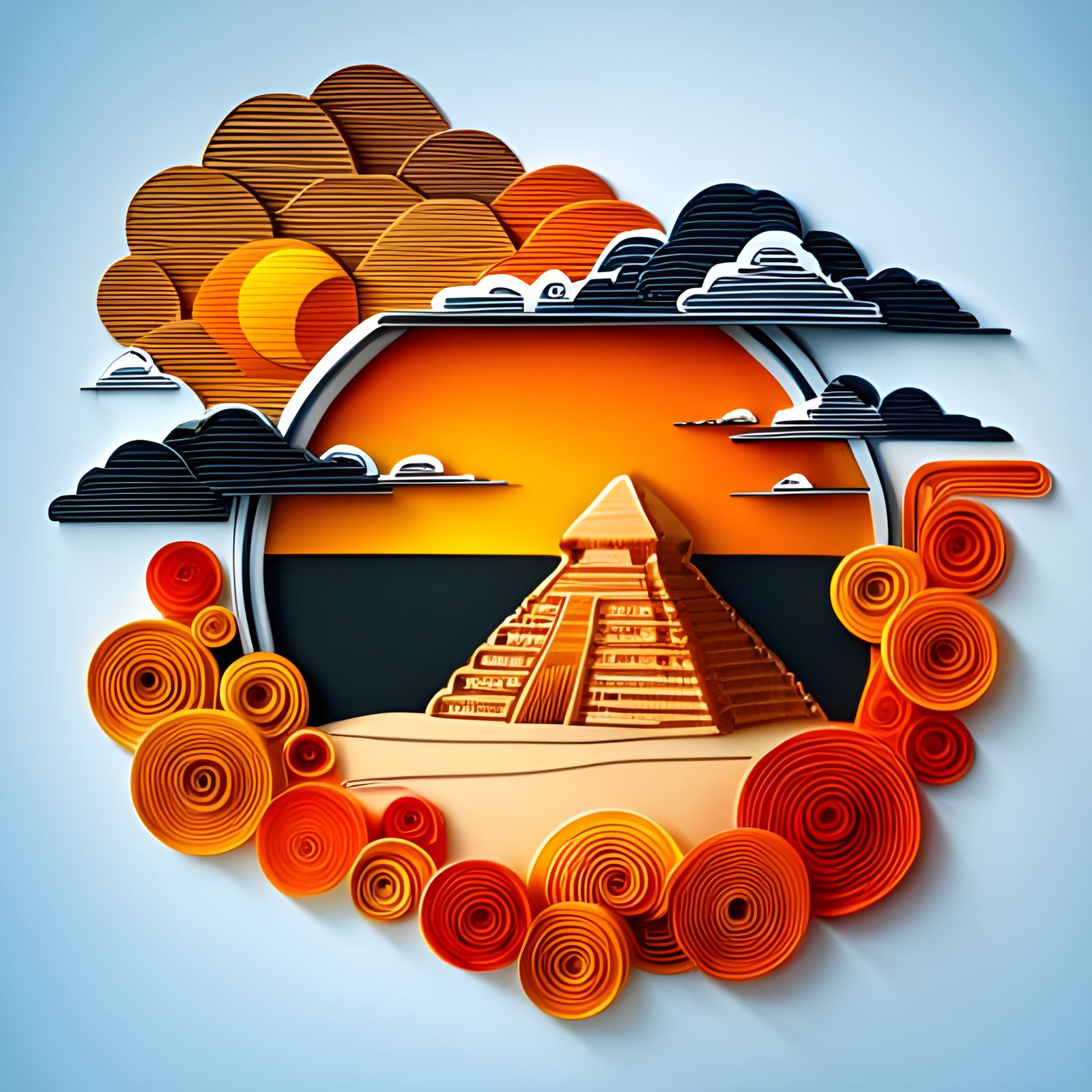 Egyptian Pyramid Sunset in Paper Quilling Style